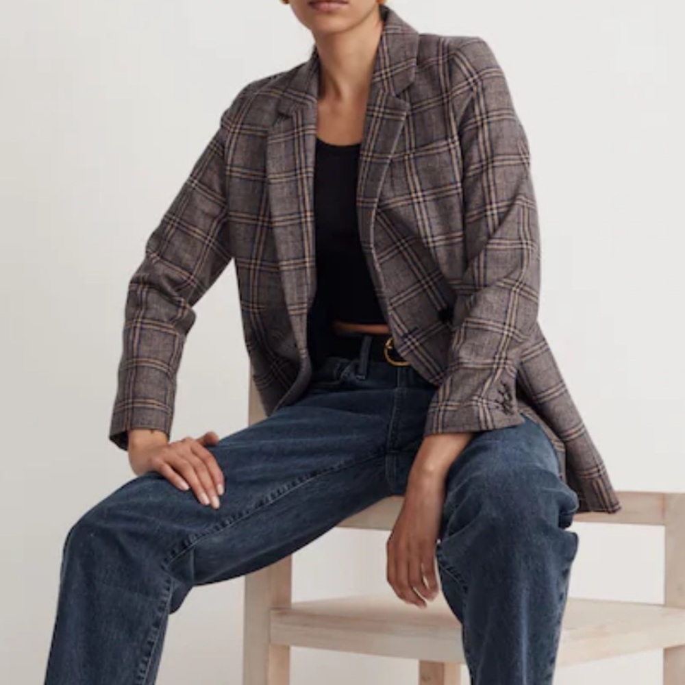 Madewell Larsen Blazer in Glen Plaid Indigo Blue Tan Academia Office Career Wool